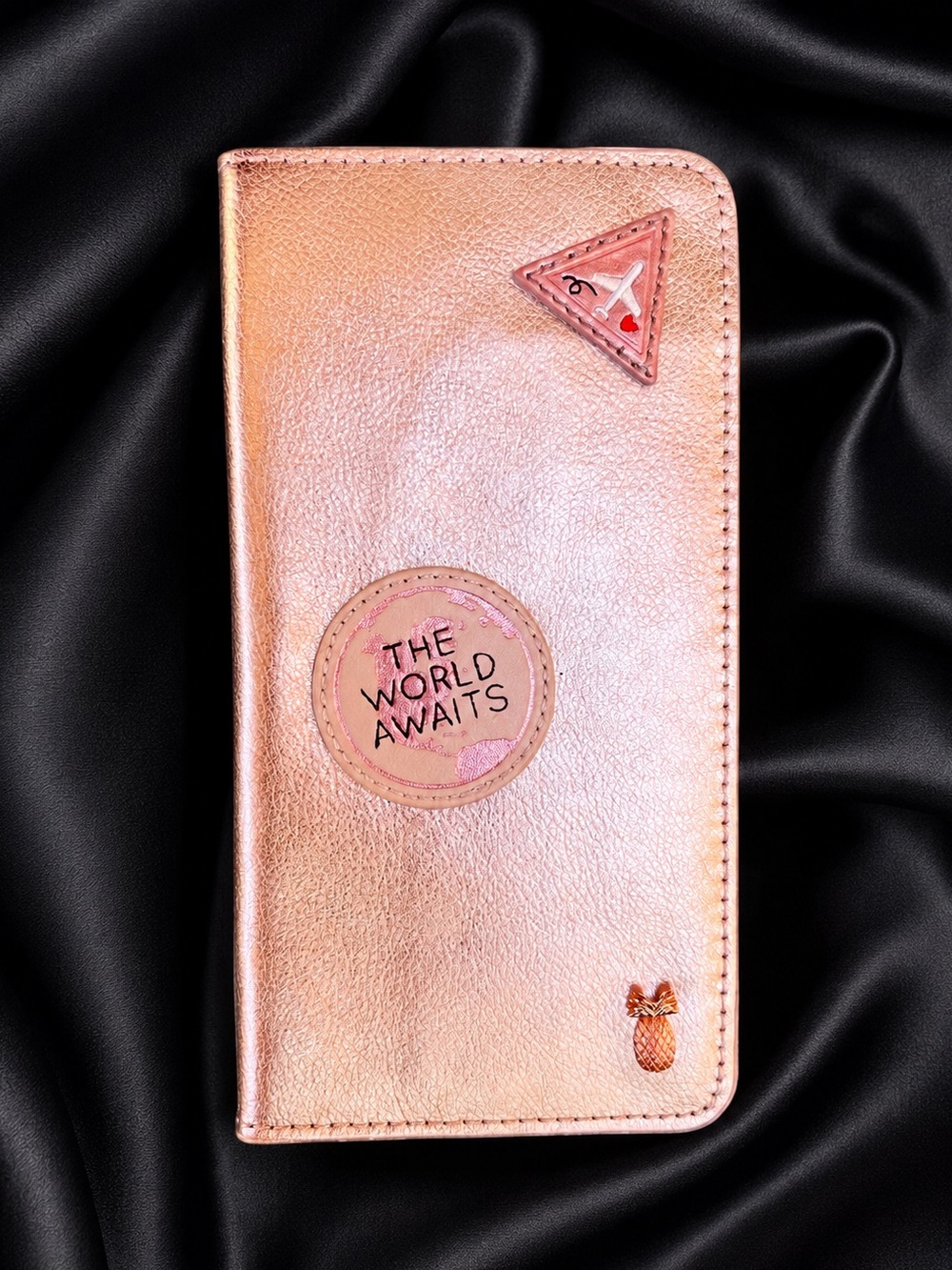 Anthropologie Explorer Rose Gold Travel Document Leather Slim Wallet Metallic